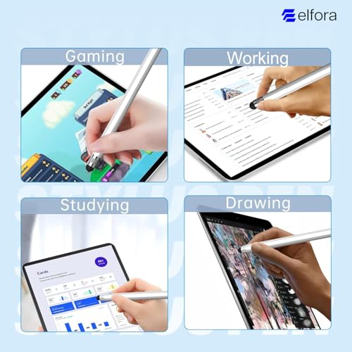 Image of Elfora 2 in 1 Tablet Stylus Pen for All Touchscreen Devices | Rubber Tip Capacitive Stylus with Magnetic Design | Compatible with iOS, Windows Tablets & Android Smartphone Phones - White