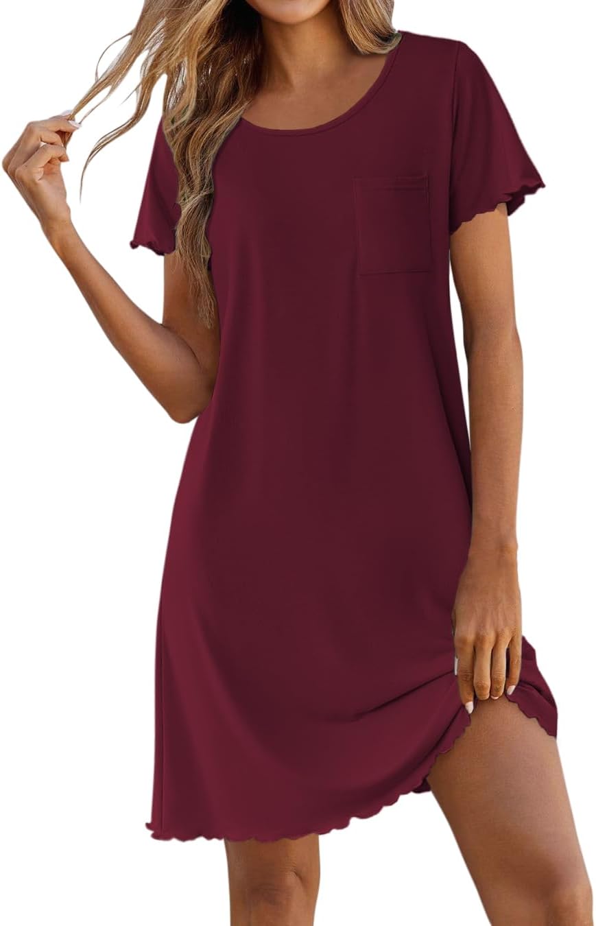 Ekouaer Bamboo Viscose Sleep Shirts for Women Soft Nightgowns Short Sleeve Ruffled Night Shirts with Chest Pocket S-3XL