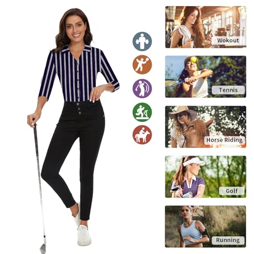 Image of Soneven Womens Golf Polo Shirts 3 /4 Long Sleeve V Neck Button Down Shirts Business Causal Work Blouses Tops