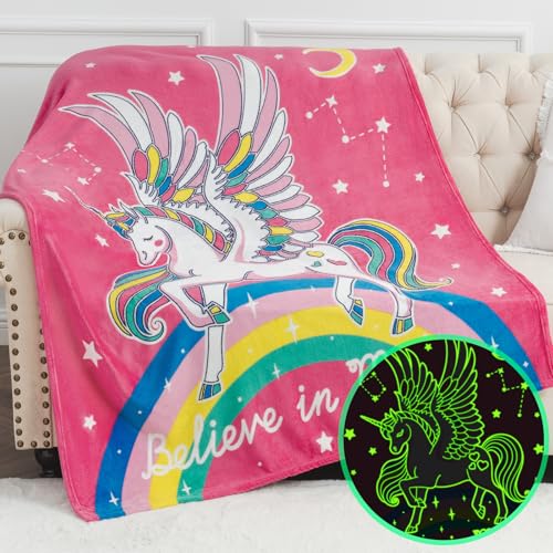Image of Unicorn Toys Gifts for Girls Kids - Glow in The Dark Unicorns Blanket Best Birthday Christmas Valentines Easter Decor Presents for Age 1-14 Years Old Teens Child Toddler Daughter Soft Throw 50 inchX60 inch