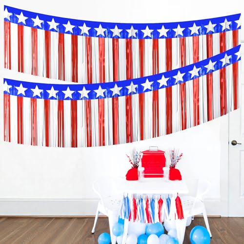 Image of 2 Strings Total 39.4 ft Patriotic Tinsel Garland - Each 19.7ft Red White and Blue Stars Fringe Garland for 4th of July, Memorial Day, Parade Float, and Party Decorations
