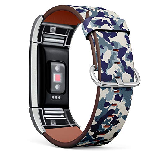 Compatible with Fitbit Charge 2 , Patterned Leather Replacement Band (Navy Camouflage-2)
