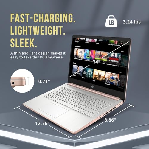Image of HP 2024 Stream 14 inch HD Thin and Light Laptop, Intel Celeron N4120, 16GB RAM, 128GB eMMC Storage, Long Battery Life, HD Webcam, HDMI, Rose Gold, Office 365 1-Year, Windows 11 S, 128GB Cuertns MicroSD