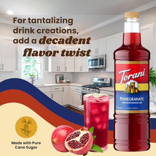 Image of Torani Pomegranate Syrup 1L with Pump Fruity Flavoring for Cocktails & Teas