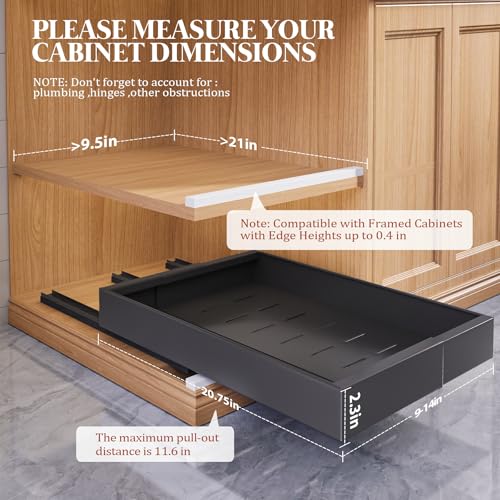 4 Pack Expandable Pull Out Cabinet Organizer 21" Deep With Raising Pad for Framed Cabinets,Upgrade 3 Slide Rails Slide Out Drawers,No Drill Roll Out Shelves,Adjustable Width 9"-14" Black
