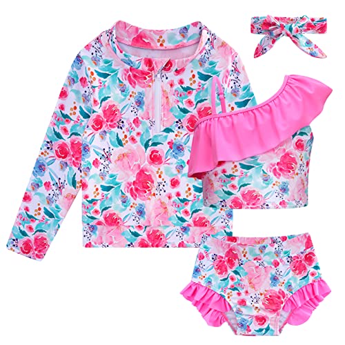 Image of Funnycokid Baby Toddler Girls Swimsuit 4 Piece Bathing Suit Long Sleeve Rash Guard Sets 12 Months-7 Years