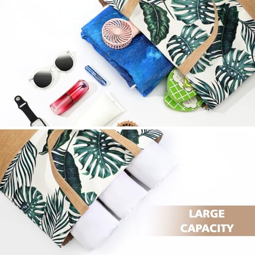 Image of Trifabricy Beach Bag for Women, Large Beach Tote Bags with Zipper, Woven Straw Tote Waterproof, Swim Gym Shopping Travel Bag