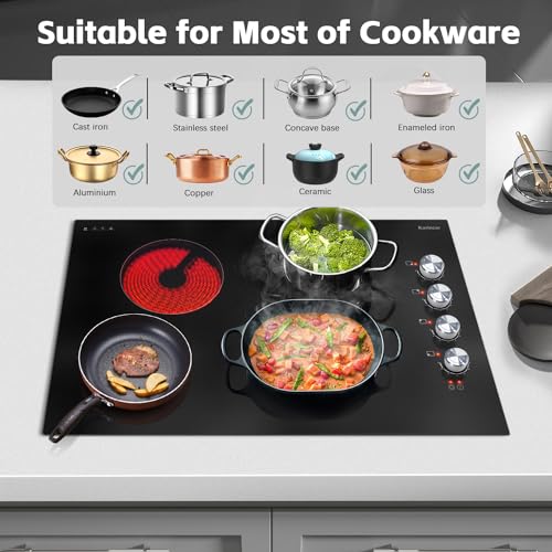 Image of Karinear 30 Inch Electric Cooktop 4 Burners, Knob Control Ceramic Cooktop | 30 inch Radiant Electric Stove Top, Glass Protection Metal Frame,Hot Surface Indicator, 220-240V, HardWire, No Plug, Sliver Knob