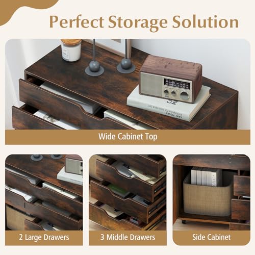 Image of DREAMADE File Cabinet, Rolling File Cabinet with 5 Drawers, Door & Lockable Metal Wheels, Mobile Filing Cabinet with Storage, Wood Printer Stand for Home Office Study (Rustic Brown)