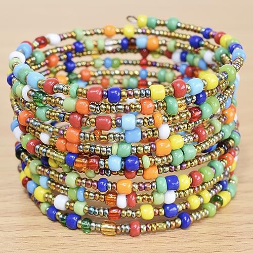 Hfa - African Bracelets For Women - Set Of 2 Bead Bracelets - Made Of 10 Wire Loops Each - African Jewelry - Handmade In Kenya - White, Multicolored, Kb29 #TOP2