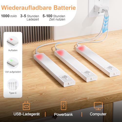 daphomeu 5 Pack wiederaufladbare Unterbauleuchte Küche led, 20cm Dimmbare Warme Schrankbeleuchtung, Nachtlicht mit Bewegungsmelder Innen, Bewegungsmelder Licht für Küche, Treppen und Kleiderschränke 6