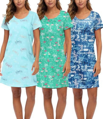 ENJOYNIGHT 3 Pack Womens Nightshirt Cotton Nightgown Short Sleeve Soft Sleep Shirt