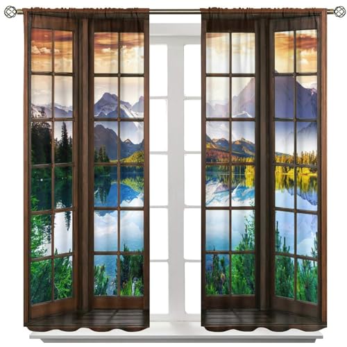 AuiMzoo Natural Lake Blackout Curtains, 3D Printed Window View at Sunrise, Bedroom Living Room Kitchen Rod Pocket Curtains42X45 Inch