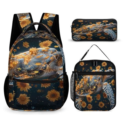 Watercolor Sunflower Turtle Bags Set Backpack For Work Hiking Lunch Bag Travel Unisex Bags