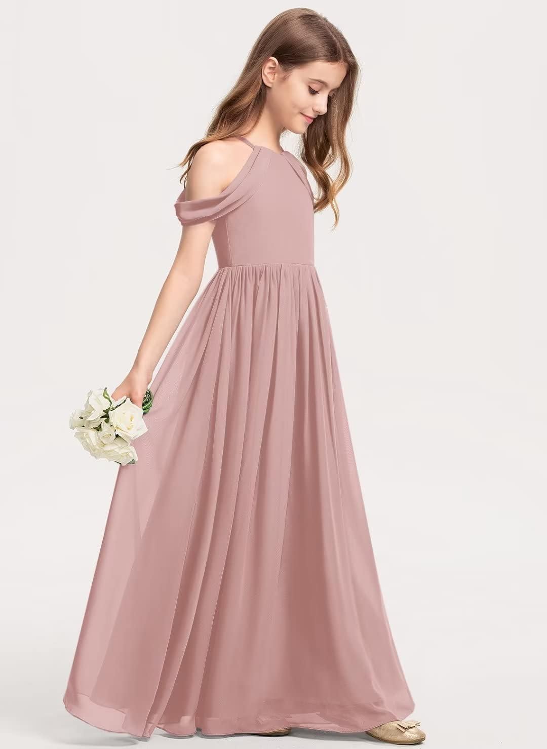 Off-Shoulder Junior Bridesmaid Dresses Long Chiffon Flower Girl Dress for Teen Girls Party Pageant Gowns Halter
