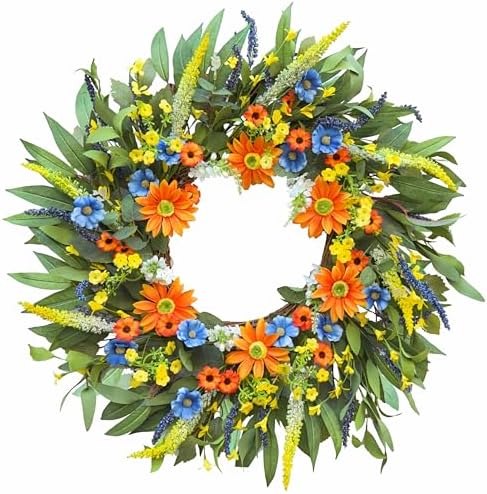 23 Inch Spring Wreath With Blue Green Hydrangeas - Outdoor Indoor Floral Door Wreath For All Seasons