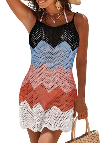 Pink Queen Women's Swimsuit Crochet Coverups Summer Fashion Swimwear Hollow Out Mesh Colorful Rainbow Beach Dress Split Vacation Outfits Pink Red L