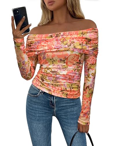 PRETTYGARDEN Women's Fall Tops 2025 Off The Shoulder Long Sleeve Fitted Y2k Shirts Floral Ruched Mesh Going Out Outfits(Floral White Multicolored,Medium)
