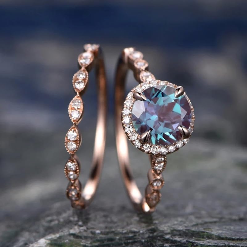 Couple Wedding Sets of Rings Promise Rings for her Diamond Gemstone Ring 18K Gold 2PCS Round Cut Cubic Zirconia Promise Rings Set CZ Diamond Multi Row Ring Eternity Engagement Wedding Band Ring Set 10
