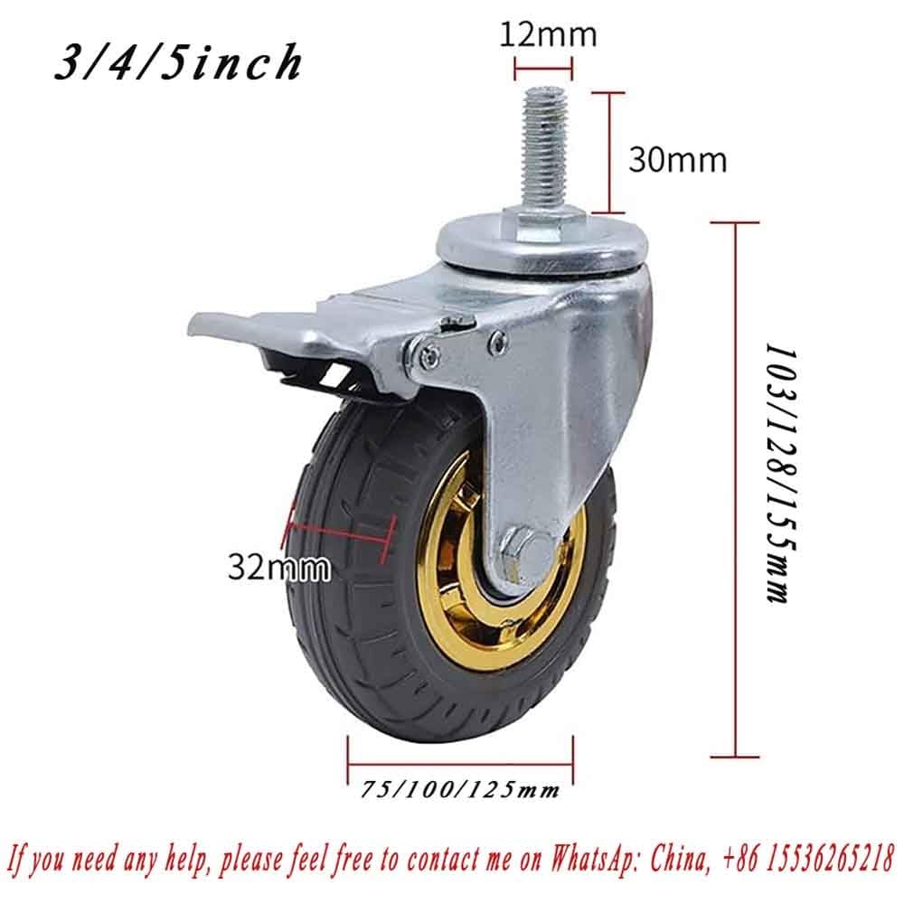 Lot de 4 roulettes pivotantes industrielles en caoutchouc robuste avec frein M12 x 30 mm Roulettes à tige filetée Rotation à 360 degrés Facile à installer 7,6/10,2/12,7 cm, avec frein 12,7 cm