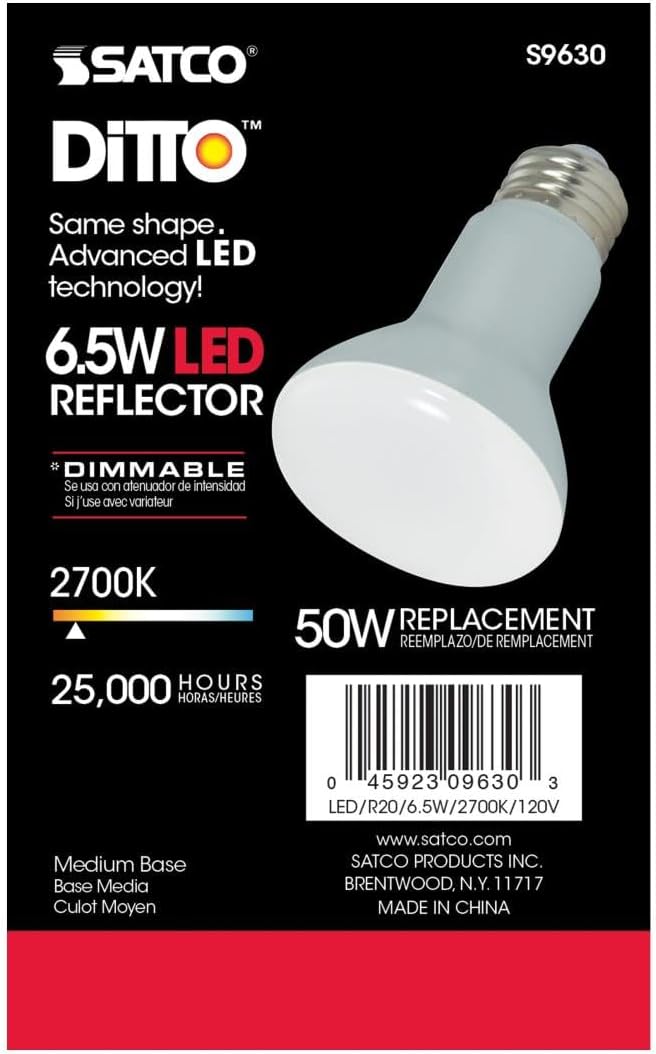 Satco 6.5 Watt LED Reflector Light Bulb; R20; 2700K Warm White; 525 Lumen; 120 Volts; Dimmable (6 LED Light Bulbs)