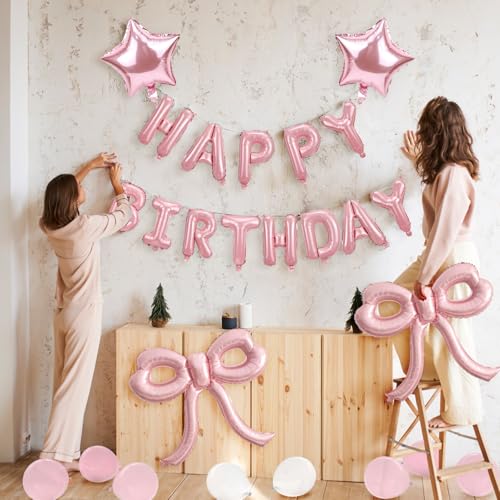 Image of Bow Party Decorations Pink Happy Birthday Balloons Banner Pink Birthday Decorations Bow Balloons for Women Girls Birthday Decor Party Supplies