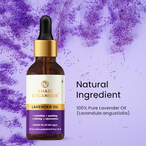 Image of Khadi Organique Lavender Essential Oil | 100% Pure & Natural Oil for Hair Growth, Stress Relief & Glowing Skin | Soothing Aromatherapy & Massage Oil For Body | Helps in Meditation & Relaxation - 15ml