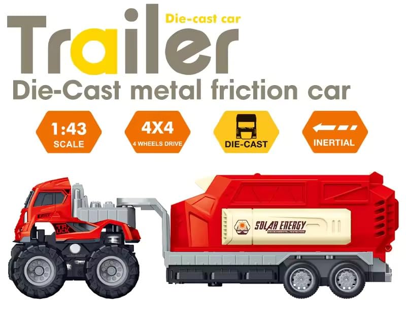 Image of 4WD Die cast Alloy Models Solar Power Transport Truck for Kids Boy Girls Children 1:43 Friction Powered Engineering Construction Toy Pull Back Vehicle Gift (Pack of 1, Multicolor)
