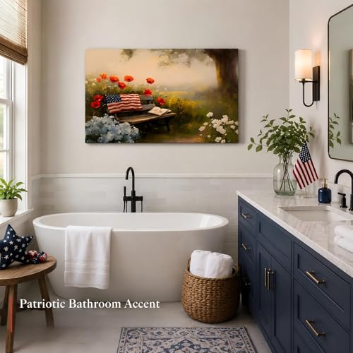 Image of RIBNTAK Made in USA Farmhouse Floral 4th of July Canvas Prints- Vibrant Bench in Peaceful Garden Landscape Wall Art, Memorial Day Pictures for Living Room, Bathroom, or Office Wall Decor