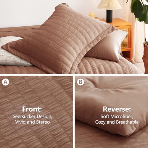 Image of CozyLux Queen Comforter Set Mocha Mousse, 7 Pieces Seersucker Textured Luxury Bed in a Bag Queen, All Seasons Bedding Sets with Down Alternative Comforter, Sheets, Pillowcases & Shams, Bedroom Bed Set