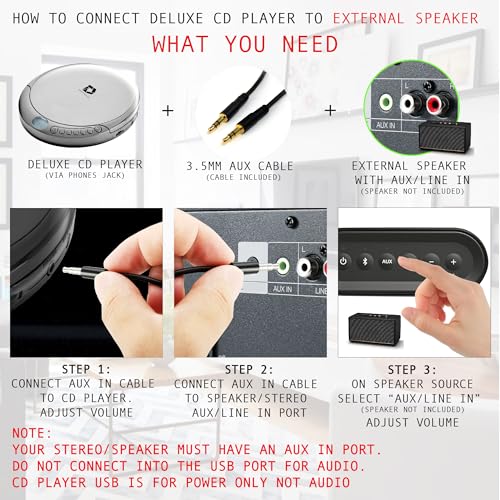 Image of Deluxe Products CD Player Portable with 60 Second Anti Skip, Stereo Earbuds, Includes Aux in Cable and AC USB Power Cable for use at Home or in Car. Silver