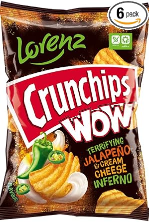 Lorenz Crunchips 6 Packets | Lorenz Potato Snacks, Flavored Chips | 6 Pack, Jalapeno & Cream Cheese 75g
