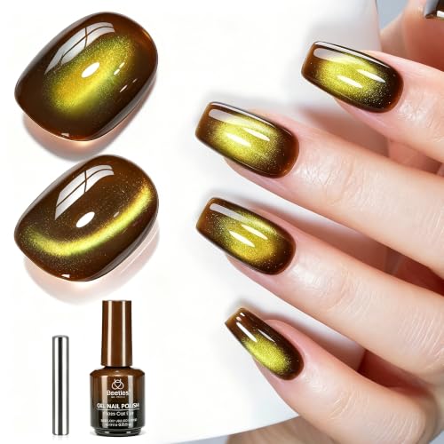 Image of Beetles Pistachio Latte Cat Eye Gel Polish - Brown Base Green Magnetic Glow | 15ml Fall Brown Cat Eye Gel Green Magnetic, Glass Shimmer Effect Soak Off UV Nail Polish for DIY Nail Art Salon Manicures