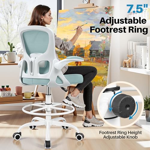 Image of Drafting Chair Tall Office Chair for Standing Desk - Ergonomic Computer Work Stool with Lumbar Support, Flip-up Arms & Foot Ring. for Studio Artist Engineer Gaming Bar Study (Light Blue)