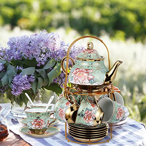 Zhehao 20 Pcs Porcelain Tea Set with Metal Holder and Spoon Adult Ceramic Tea Set European Flower Painting Teapot Cup Saucer Spoon for Women, Large Version (Fresh Style)