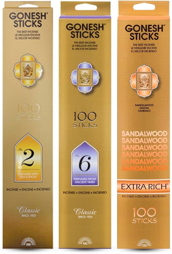 Gonesh - Classic & Extra Rich Scented Incense Sticks Bundle - Non-Toxic 10” Slow Burn Aromatic Sticks - No. 6, No. 2 & Sandalwood - 100 Sticks Each