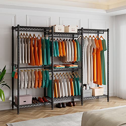 Heavy Duty Clothes Rack,Wire Garment Rack For Hanging Clothes,Multi-Functional Bedroom Clothing Rack With 5 Hanger Rod, 7 Shelves,2 Side Hooks, Extra Wide 86"W X18”D X77”H, Max Load 900Lbs, Black,Gr7 #TOP2
