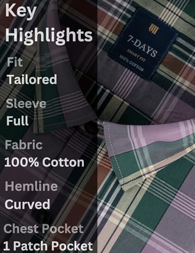 Image of 7-DAYS Men's Premium Check Shirt - 100% Cotton, Tailored Fit (Between Slim & Regular), Full Sleeve, with Pocket - Smart Office & Casual Look
