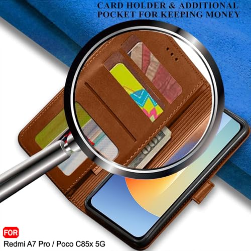 Image of TheGiftKart Genuine Leather Finish Flip Back Cover Case for Mi Redmi A7 Pro /Poco C85x 5G / C81 | Inbuilt Pockets & Stand | Designer Button Magnet Flip Back Cover Case (Faux Leather, Brown)
