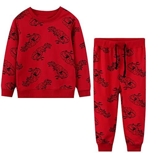 Baogaier Chándal Deporte Niño Conjuntos Ropa Deportivos Chico Dinosaurio Rojo Algodón Mangas Largas Sudaderas Camisa Pulóver y Pantalones Ajustable Cinturón Traje Casual Otoño Invierno Niños 5-6 años