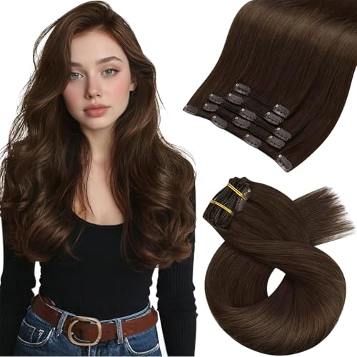 Image of Moresoo Medium Brown Clip in Hair Extensions Remy Human Hair Brown Hair Extensions Clip ins Straight Double Weft for Wedding 80g /5pcs 18 inch
