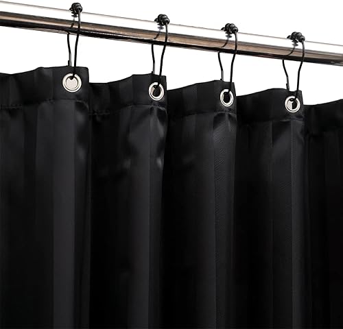 Cortina de ducha de tela impermeable o forro con peso inferior, 72 x 72 pulgadas, tira negra, tela suave de calidad de hotel, cortina de ducha 2 en