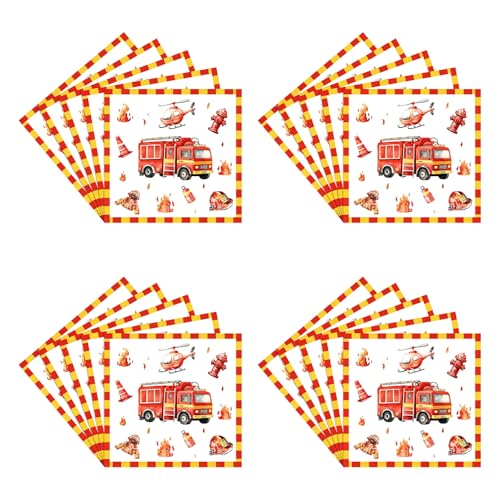 Serviettes en Papier Pompier, 20 Pièces 33x33 cm Serviettes à Motif Voiture de Pompier Décorations de Table, Décoration pour une Fête d'anniversaire à...
