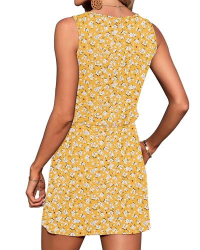 Image of AUSELILY Womens Summer Dress Casual Sleeveless Drawstring Short Dresses | Adjustable drawstring waist for a custom fit, plus 2 side pockets-perfect beach-to-street sundress
