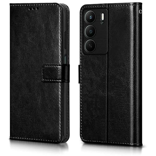 Image of WOW IMAGINE Shock Proof Flip Cover Back Case Cover for Realme C75 | Realme C73 | Narzo 80 lite 5G | P3 Lite 5G (Flexible | Leather Finish | Card Pockets Wallet & Stand | Black)