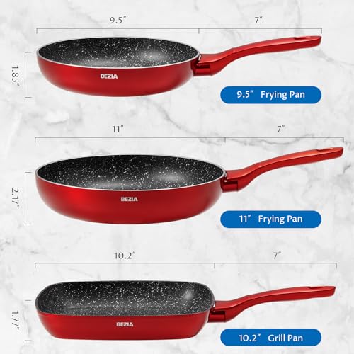 BEZIA Nonstick Frying Pans Set 3 Piece, Skillets and Frying Pans 9.5, 11, 10.2 Inch, Dishwasher Safe Kitchen Cooking Pan, Non Stick Pan for induction cooktop, Omelette Egg Pan with Stay Cool Handle