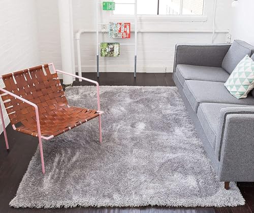 Image of Handwoven Shaggy Rectangular Carpet | Soft Plush Area Rug for Living Room and Bedroom | Light Grey | 3x5 Feet | Premium Silk-Touch Modern Home Decor