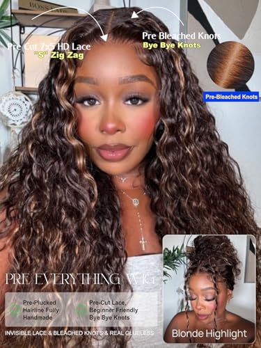 Image of Sunber Bye Bye Knots 7x5 Lace Glueless Water Wave Human Hair Wig 26Inch | Golden Brown Highlights No Slip Wet and Wave Gluless Wig 150% Density Put On Go Pre Bleached Invisible Knots