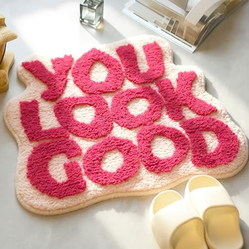 KOEXM You Look Good Bath Mat Pink Cute Bathroom Rugs for Girls Fun Funny Funky Rug Bedroom Pink Preppy Bathroom Decor Hello Beautiful Gorgeous Bath Rugs for Kids Women Non-Slip 25 x 21