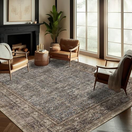 Washable Area Rug 8'x10' Retro Boho Design Non-Shedding Non-Slip Easy Care Ideal for High Traffic Areas in Living Room Bedroom Office Coffee Table Kitchen Large Carpet